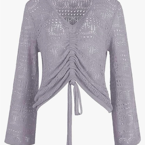 LYANER Women's Drawstring Long Bell Sleeve Sexy Crochet Knit Beach Hollow Out Sm - Picture 2 of 8